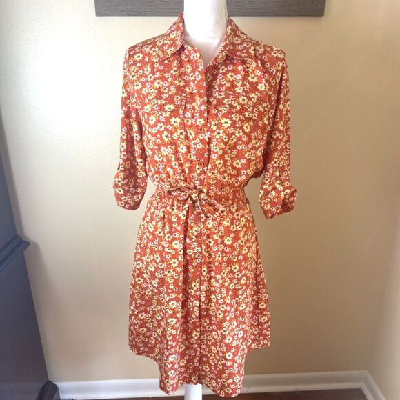 NWT Millenium Womens Mini Floral Midi Shirt Dress M Brown Retro 70s Work Casual - Picture 1 of 16